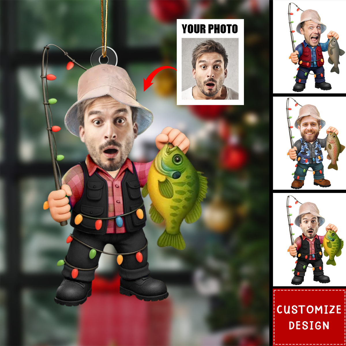 Personalized Fishing Ornament 2025 – Custom Face Photo Fisherman Ornament, Funny Christmas Gift for Fishermen & Outdoor Lovers
