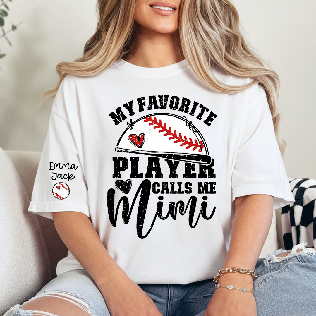 My Favorite Player Calls Me Mimi Shirt, Personalized Baseball T Shirt with Grandkids Names