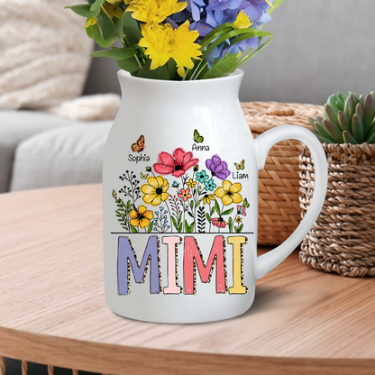 Wild Flower, Hand Drawn Blooming Wildflower Mimi And Kids - Custom Home Decoration Flower Vase According To Family Requirements - Warm Gift For Mother's Day, Ceramic Flower Vase