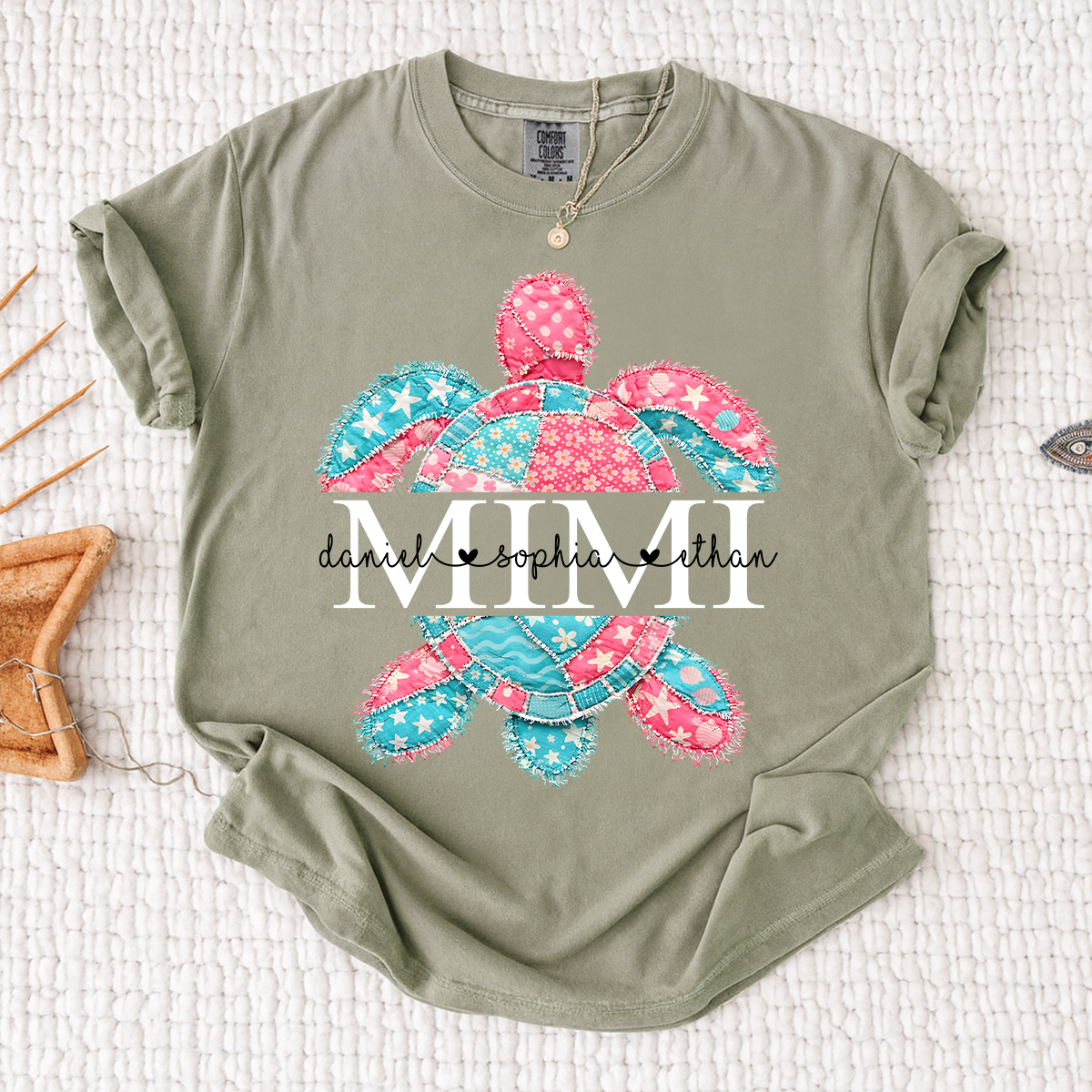 Comfort Colors Personalized Mimi Sea Turtle Shirt with Grandkids Names, Custom Grandma Beach T Shirt for Women, Coastal Family Gift