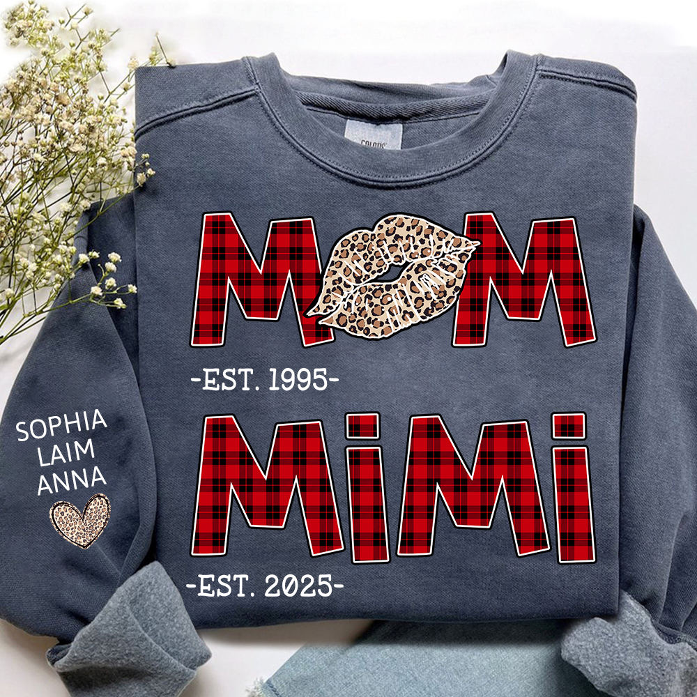 Personalized Mom Mimi Sweatshirt, Custom Leopard Lips Plaid Letters