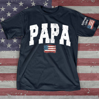 Personalized American Flag Printed Papa T-Shirt, With Custom Grandpa And Kids