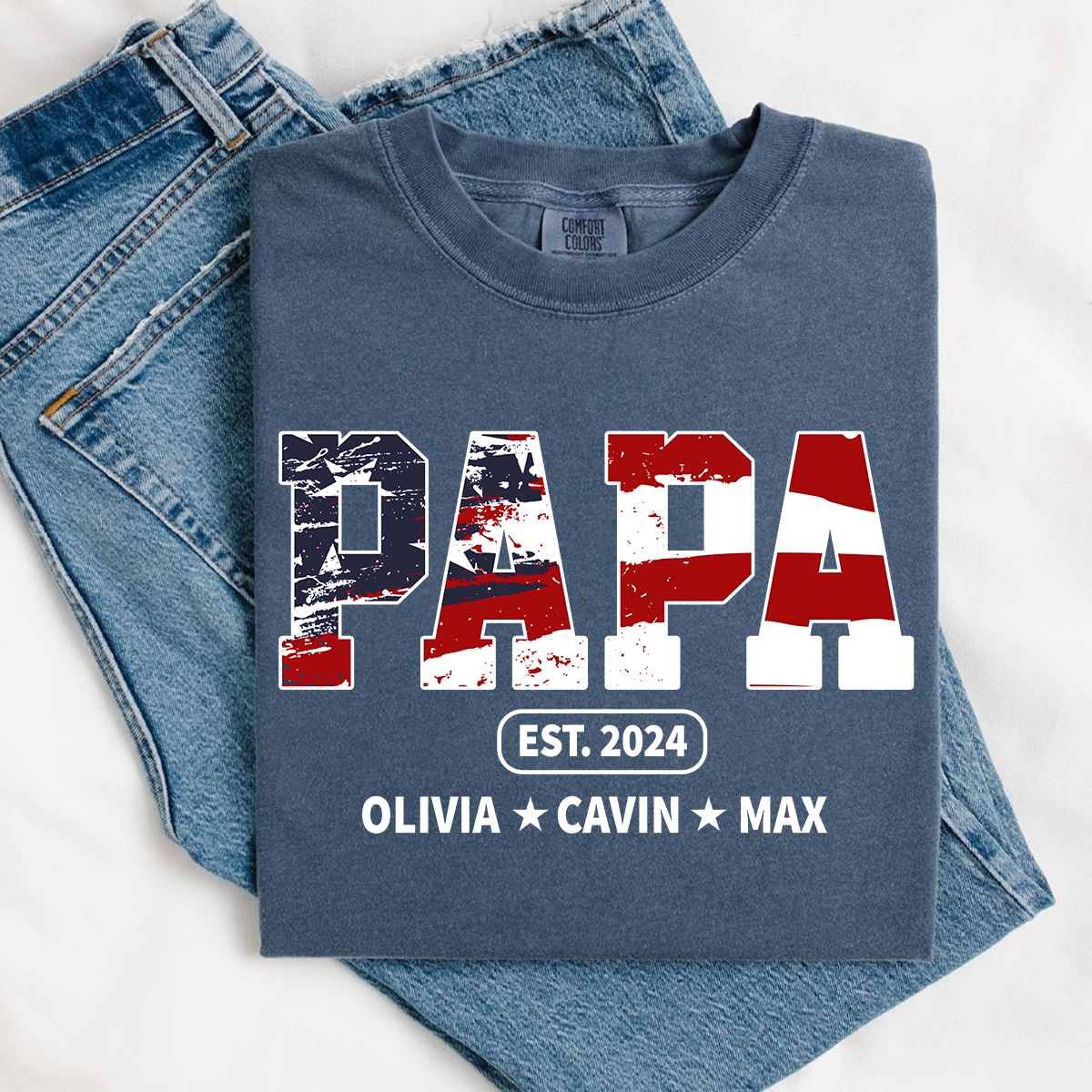Comfort Colors® Papa Est Independence Day Shirt, Custom Nickname And Grandkids 4th Of July Shirt