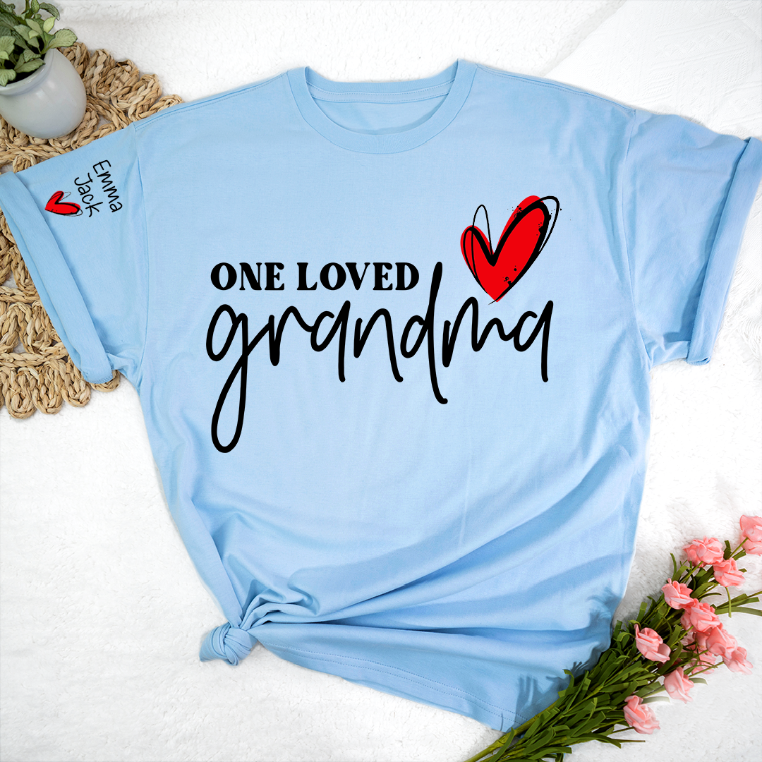 One Loved Grandma T-Shirt, Personalized Grandma T-Shirt with Heart Design and Custom Name