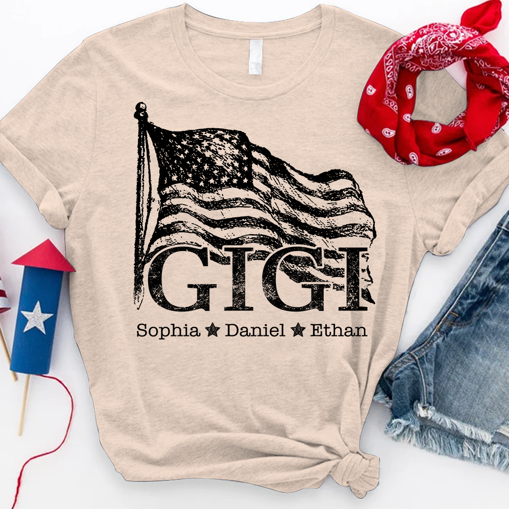 Gigi USA Flag T shirt, Personalized with Kids' Names, Custom Family Shirt for 4th of July