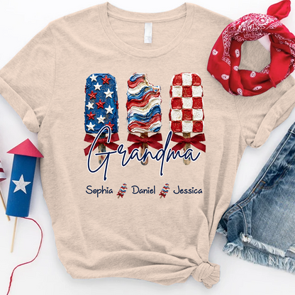 Personalized Grandma Patriotic Popsicle Shirt, Custom Grandma 4th of July T Shirt with Kids Names, Family Summer Gift