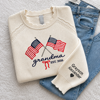 Embroidered Grandma American Flag Knit Sweater, Personalized Crewneck, Custom Sleeve Name, Est 2026 Grandma Gift