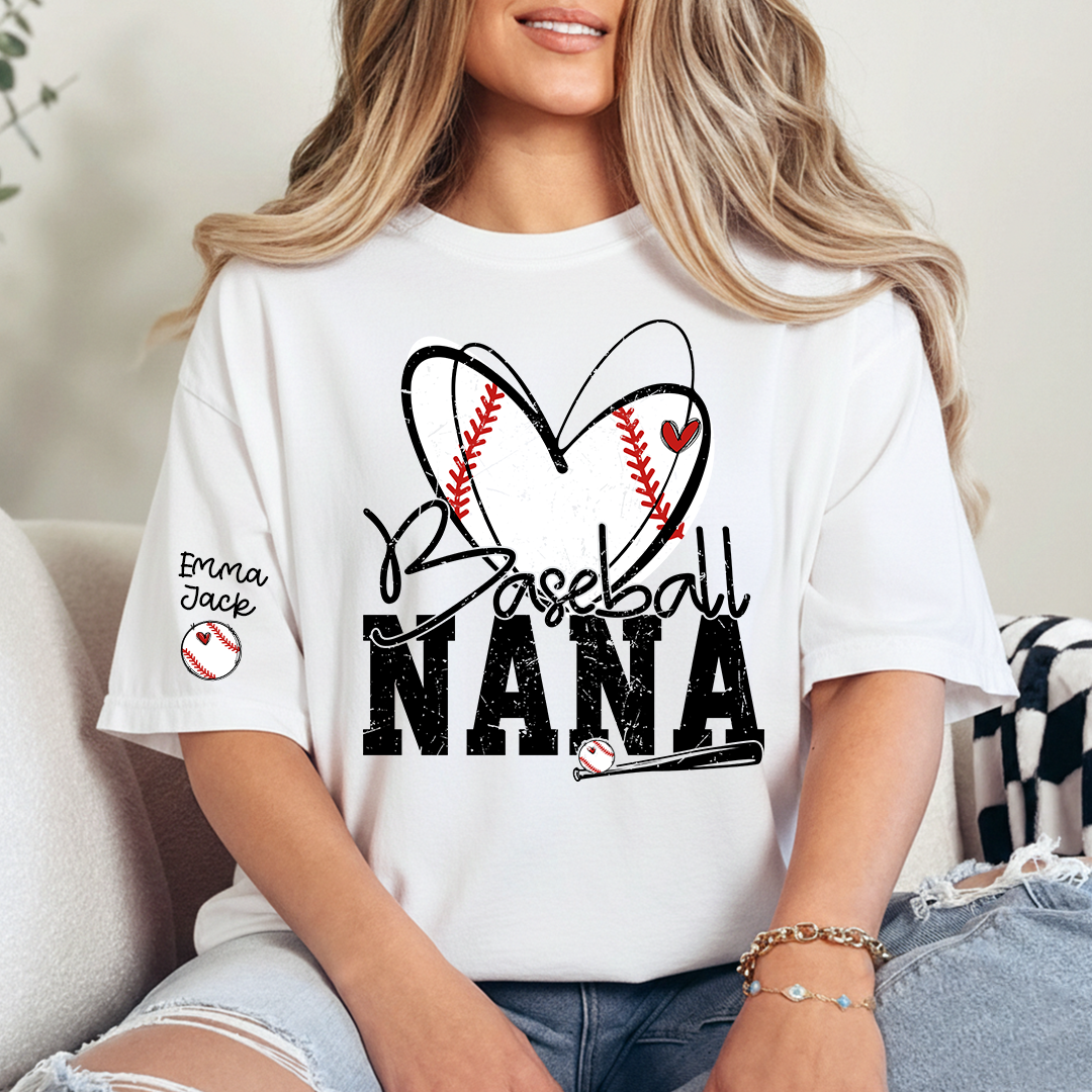 Baseball Nana Shirt, Personalized Family T Shirt with Custom Grandkids Names and Heart Design