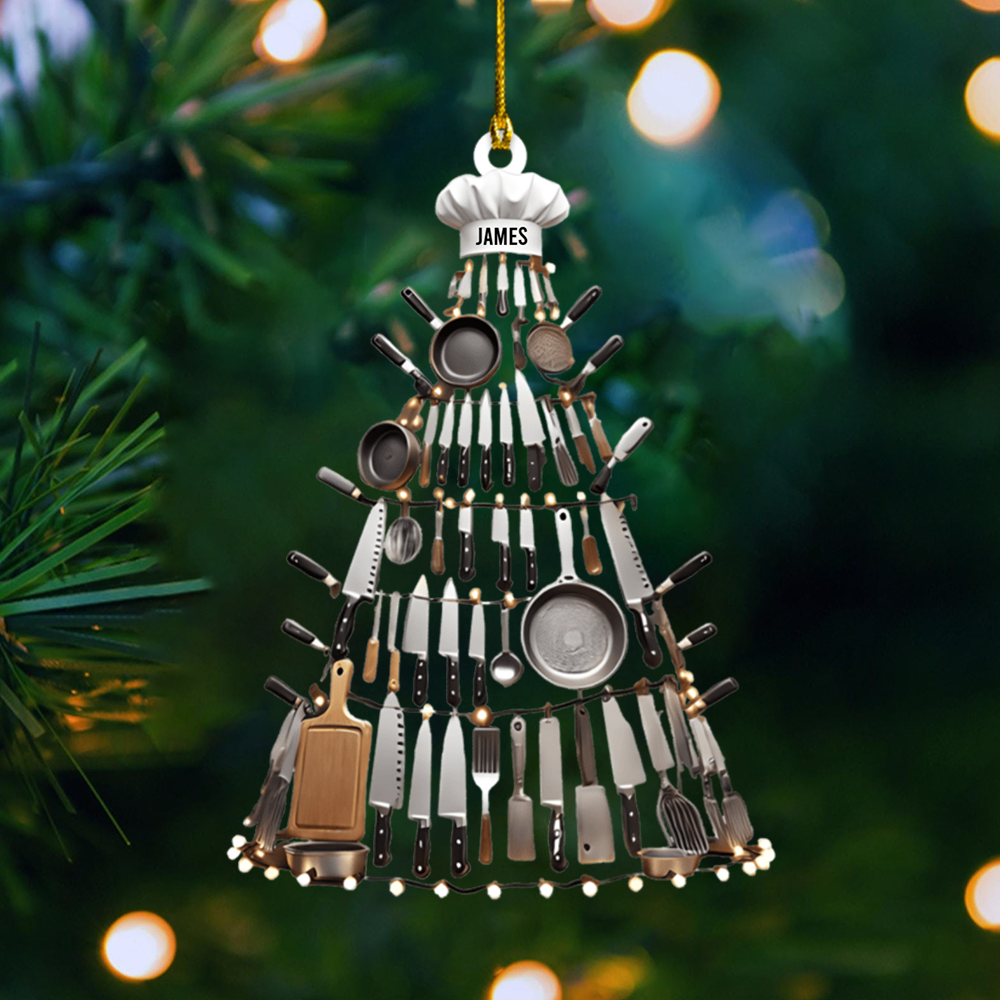 Personalized Chef Ornament 2025 – Custom Name Kitchen Utensil Tree Christmas Decoration for Cooks and Food Lovers Ornament