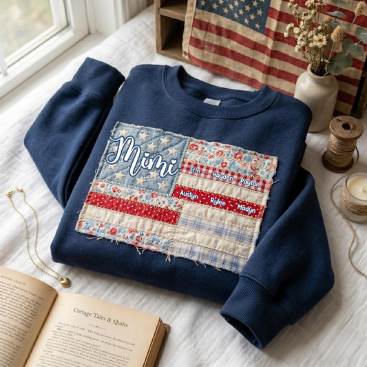 Personalized Mimi American Flag Sweatshirt with Grandkids Names, Custom Patchwork USA Flag Crewneck, Patriotic Grandma Gift