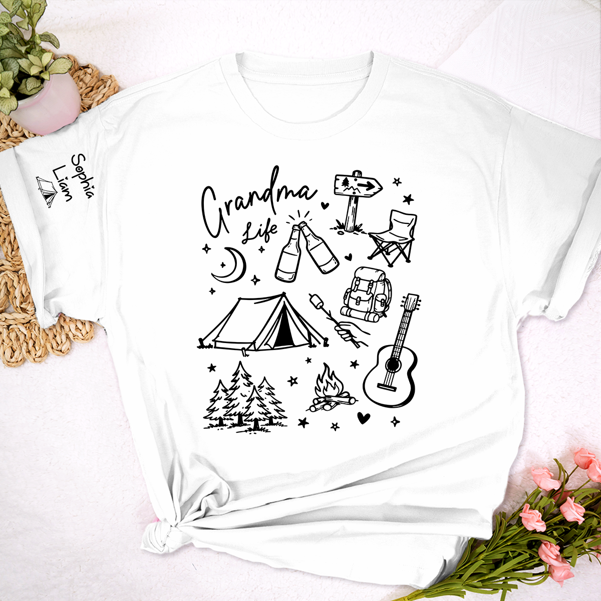 Custom Grandma Life Shirt, Camping Gear and Adventure Icons, Personalized with Name, Outdoor Fun T Shirt for Grandma