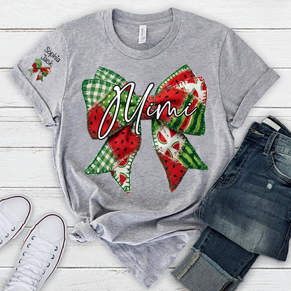 Mimi Watermelon Bow T-Shirt Personalized Grandma Shirt Summer Family Names Tee