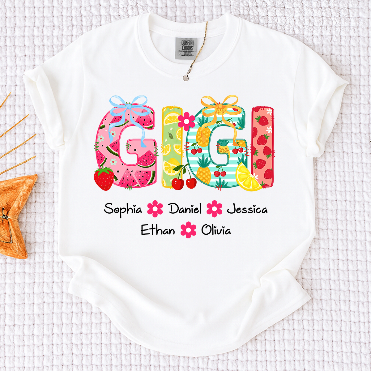 Comfort Colors Personalized Gigi Summer Shirt, Custom Grandma T Shirt with Grandkids Names, Fruit Pattern Family Tee for Gigi Nana Mimi
