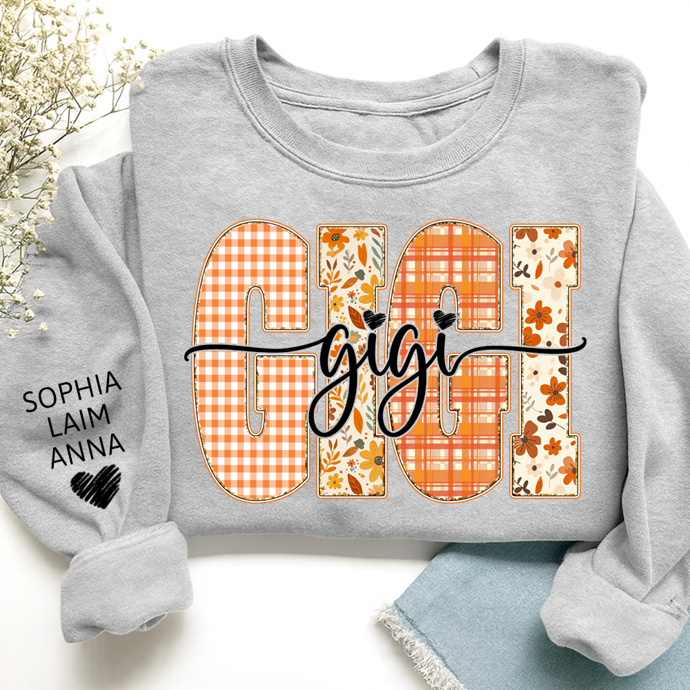 Personalized Gigi Crewneck for Grandma – Fall Colors with Kids' Names on Sleeve