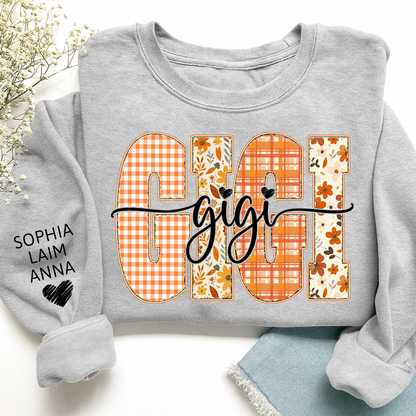 Personalized Gigi Crewneck for Grandma – Fall Colors with Kids' Names on Sleeve