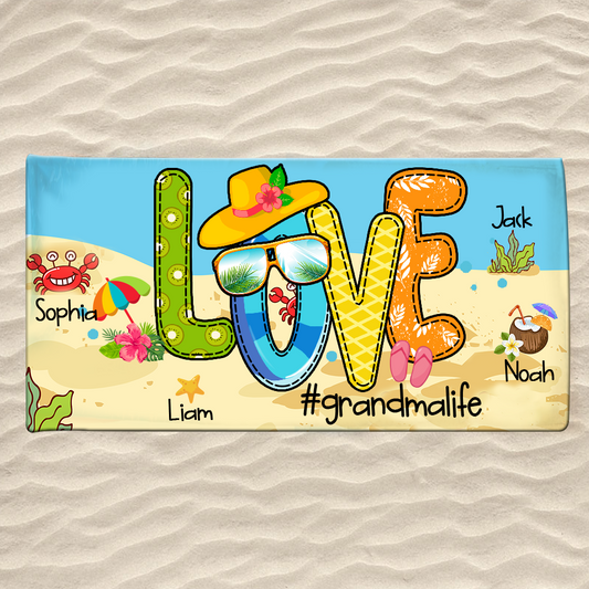 Personalized Grandma Beach Towel, Beach Love Gift for Grandma and Kids, Summer Beach Towel