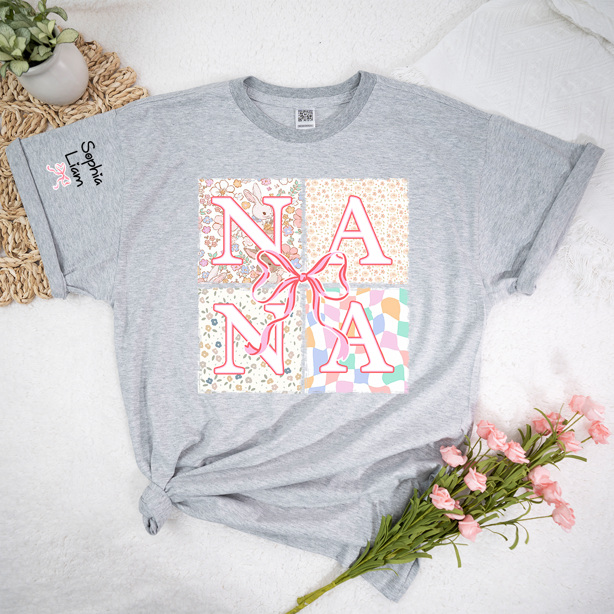 Personalized Nana Easter Shirt, Custom Grandma Shirt With Grandkids Names, Floral Bunny Patchwork Design