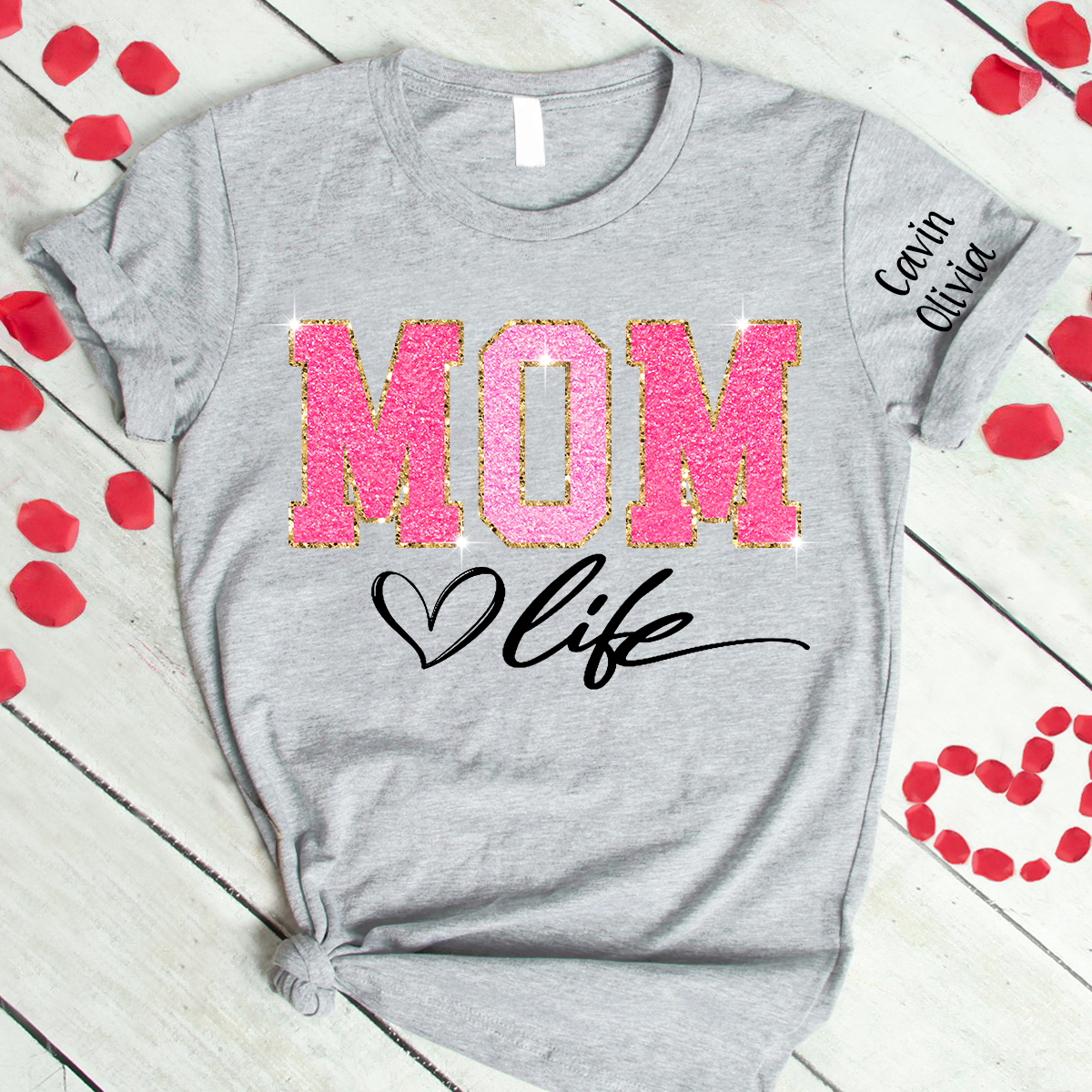 Custom Mom Life Glitter Valentine 2024 T-Shirt