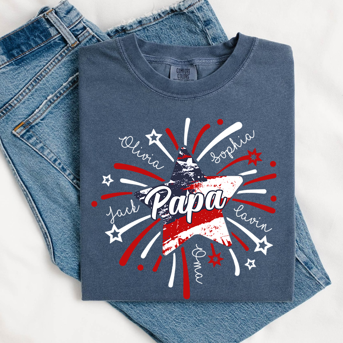 Comfort Colors® Custom 4th of July Papa Shirt, Custom Grandpa Firework American Flag T-Shirt