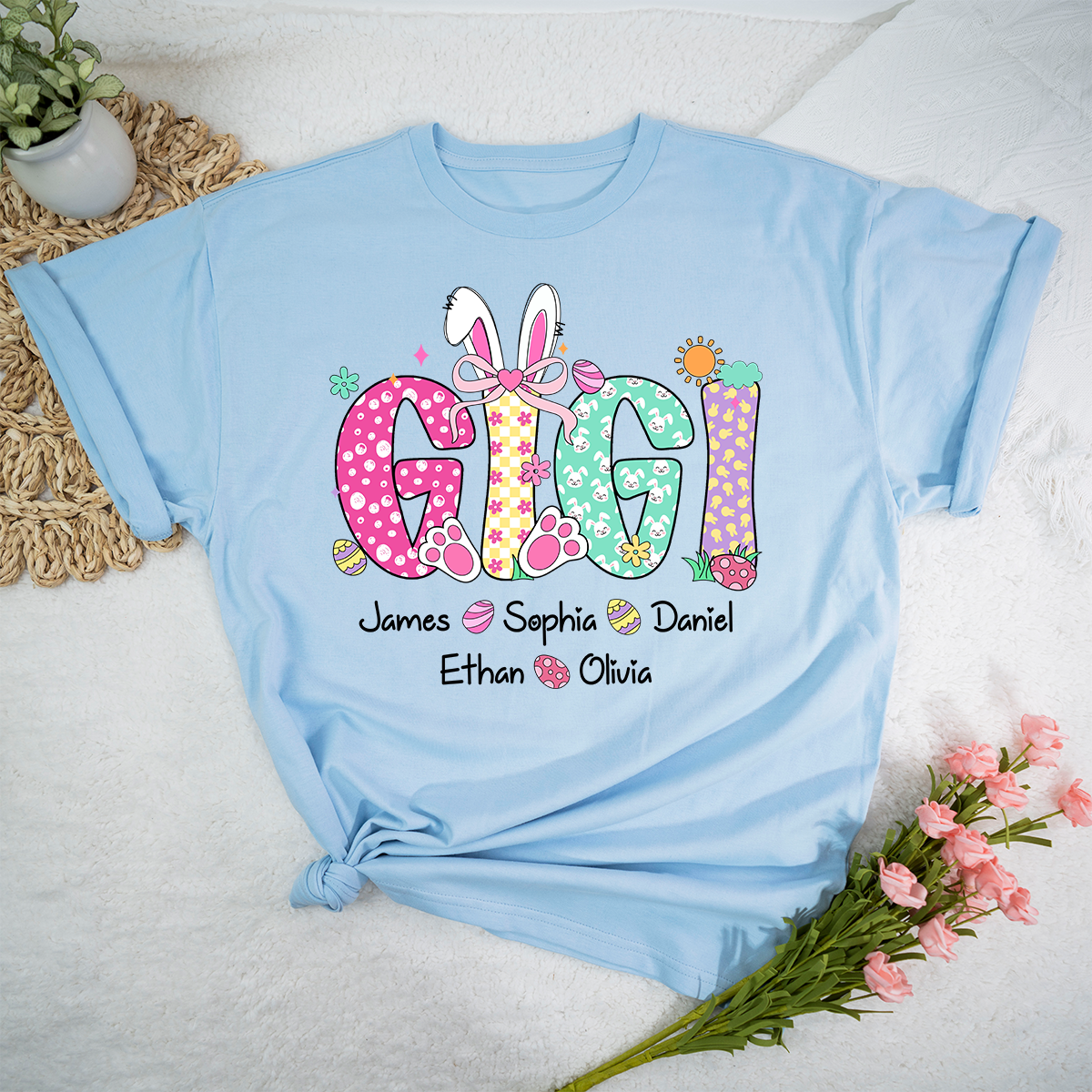 Personalized Gigi Easter Shirt With Bunny Ears, Custom Gigi Shirt With Grandkids Names