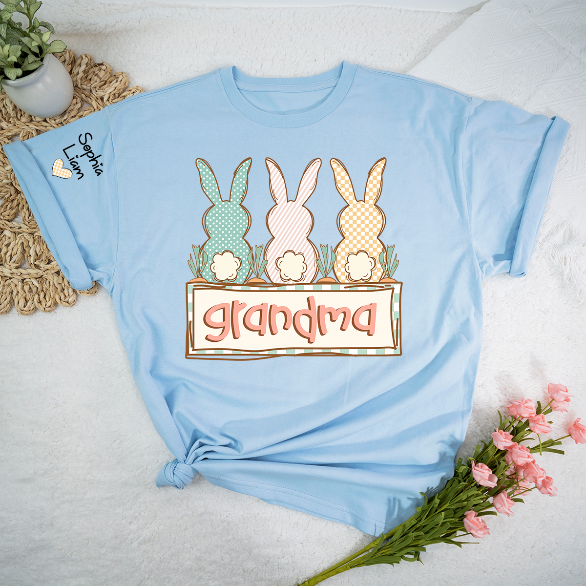 Grandma Bunny Shirt for Easter, Custom Grandma T Shirt with Children Names, Spring Bunny Family Design, Grandma Gift Idea