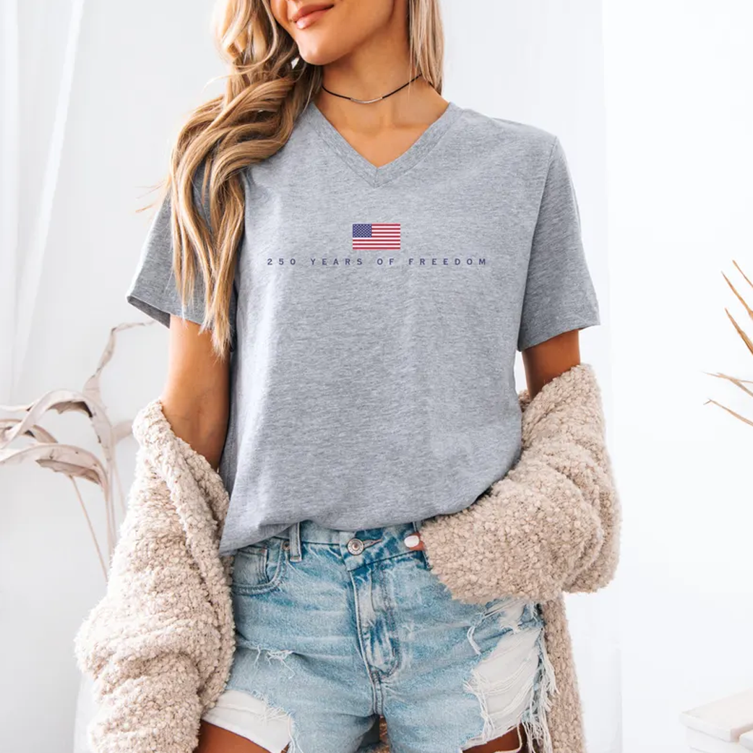 250 Years of Freedom V-Neck Shirt, Patriotic USA Flag Tee, American Freedom 1776-2026 T-Shirt, Vintage Independence Celebration Top for Men and Women