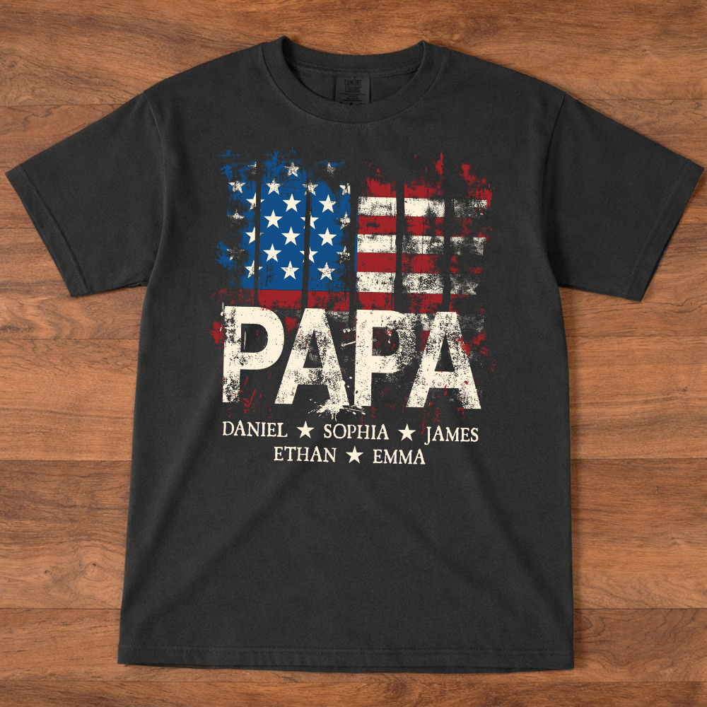 Comfort Colors® Papa American Flag Shirt With Name, Personalized Dad T Shirt Patriotic Style