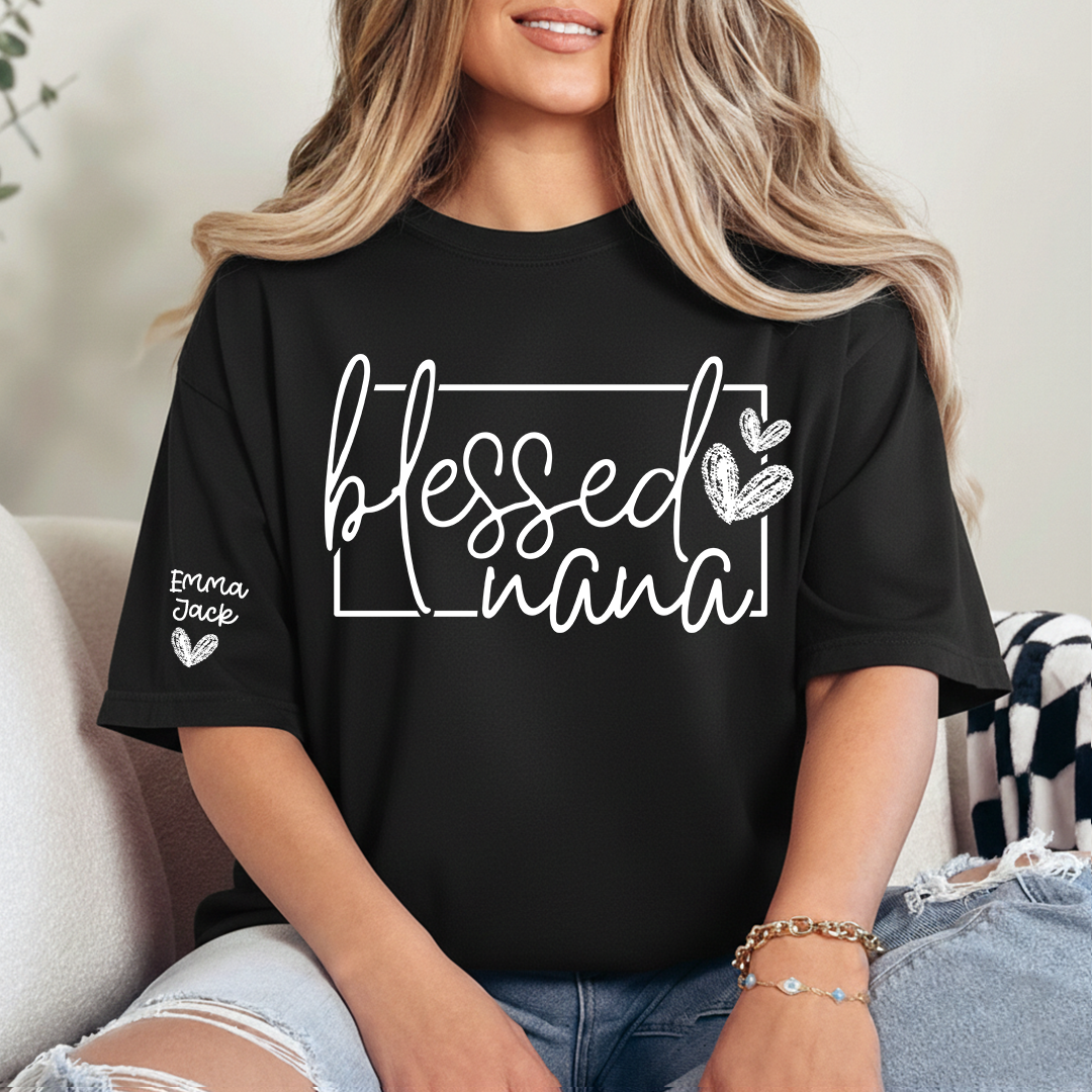 Blessed Grandma Shirt, Custom Grandkids Names, Heart Design T-Shirt, Perfect Gift for Grandma