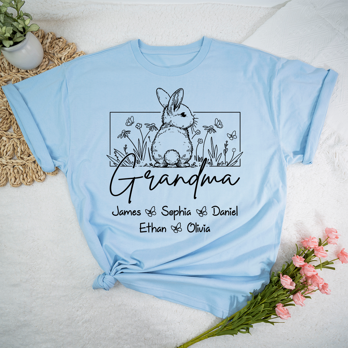 Personalized Grandma Bunny Shirt With Grandkids Names, Custom Easter Grandma Line Art T Shirt