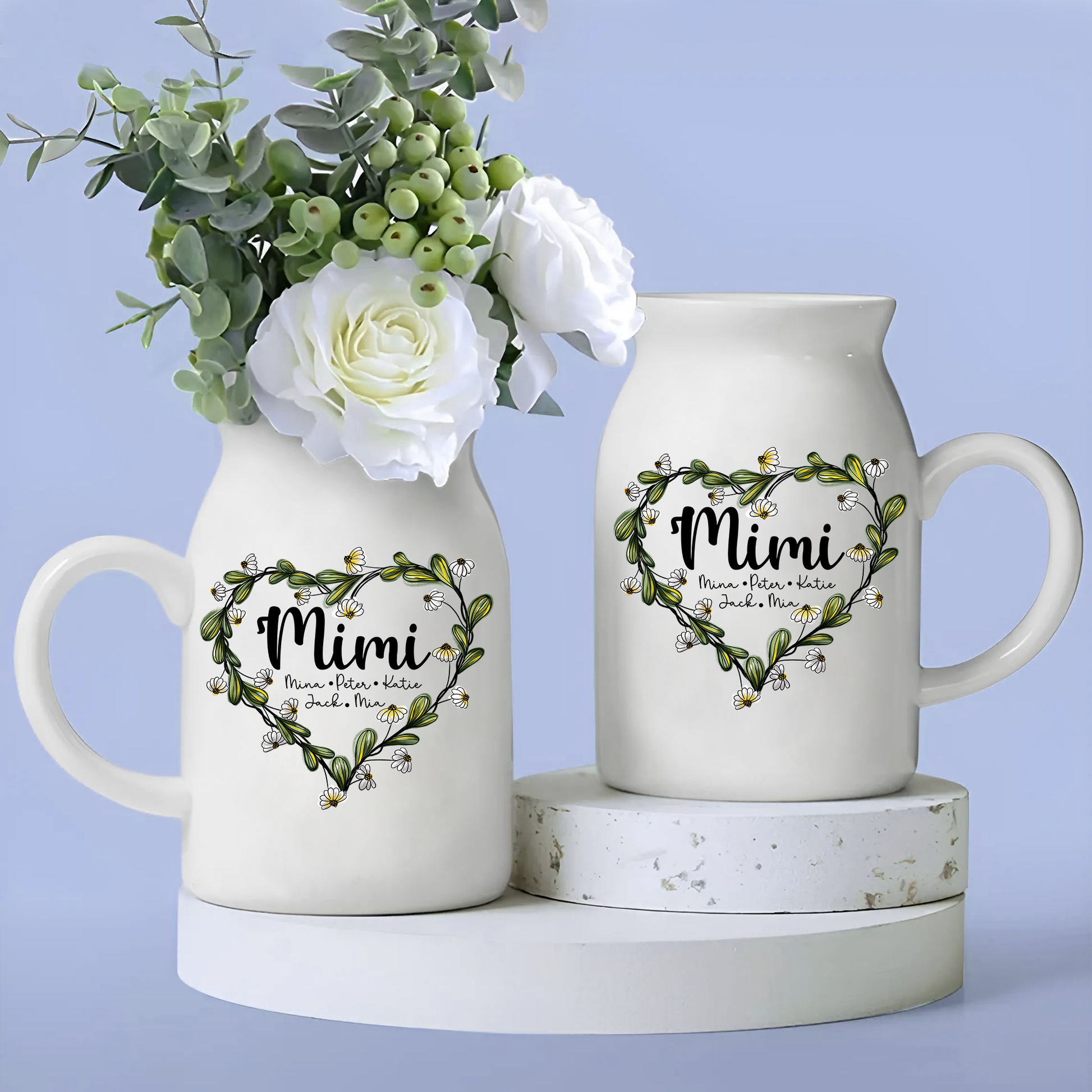 Heart Daisy Mimi Wildflowers And Children - Custom Home Decoration Flower Vase According To Family Requirements - Warm Gift For Mother's Day, Ceramic Flower Vase