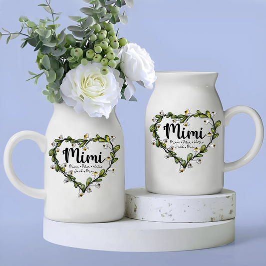 Heart Daisy Mimi Wildflowers And Children - Custom Home Decoration Flower Vase According To Family Requirements - Warm Gift For Mother's Day, Ceramic Flower Vase