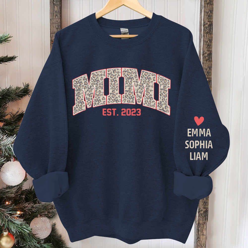 Mimi Leopard Christmas Sweatshirt, Custom Mimi Est And Kids, Grandma Gift TH Sweatshirt