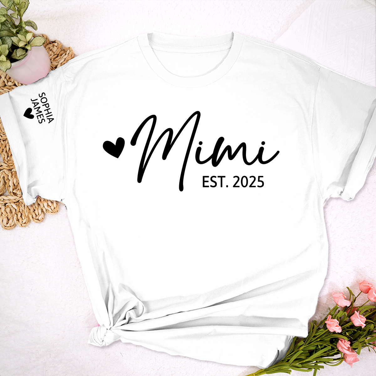 Mimi EST 2025 T-Shirt, Custom Grandma Shirt with Heart, Personalized Family Role Apparel for Her