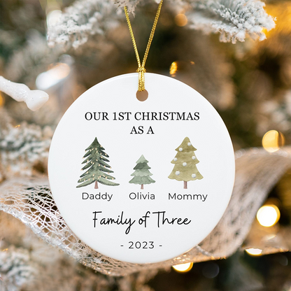 Personalized Our First Christmas Family of Three Ornament 2025, Custom Ceramic Ornament For Parents
