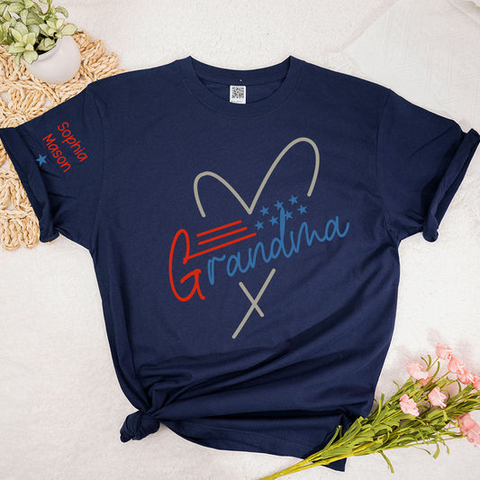 Grandma Heart 4th Of July Shirt, Custom Grandma And Grandkids T-Shirt