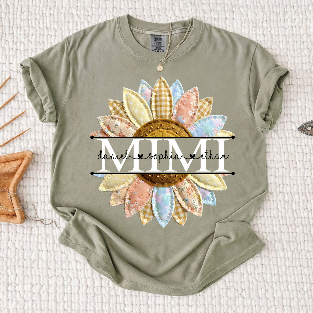 Comfort Colors Personalized Mimi Sunflower Patchwork Shirt Custom Grandma Nickname Tee With Grandkids Names Nana Gigi Grandma Floral Sunflower Design Family Gift Mothers Day Grandma Apparel