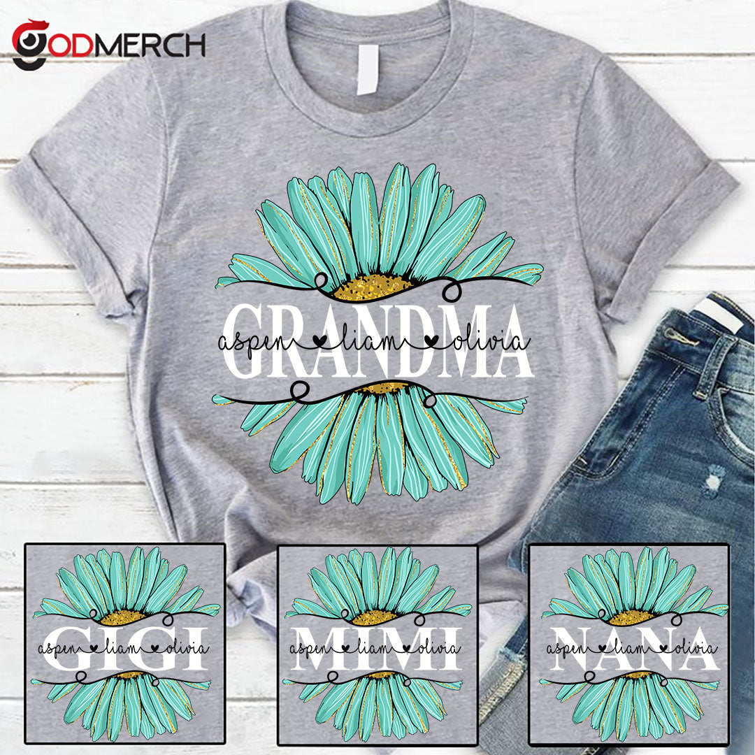 Personalized Grandma and Grandkids Daisy Turquoise, Best Mother's Day Gifts T-Shirt