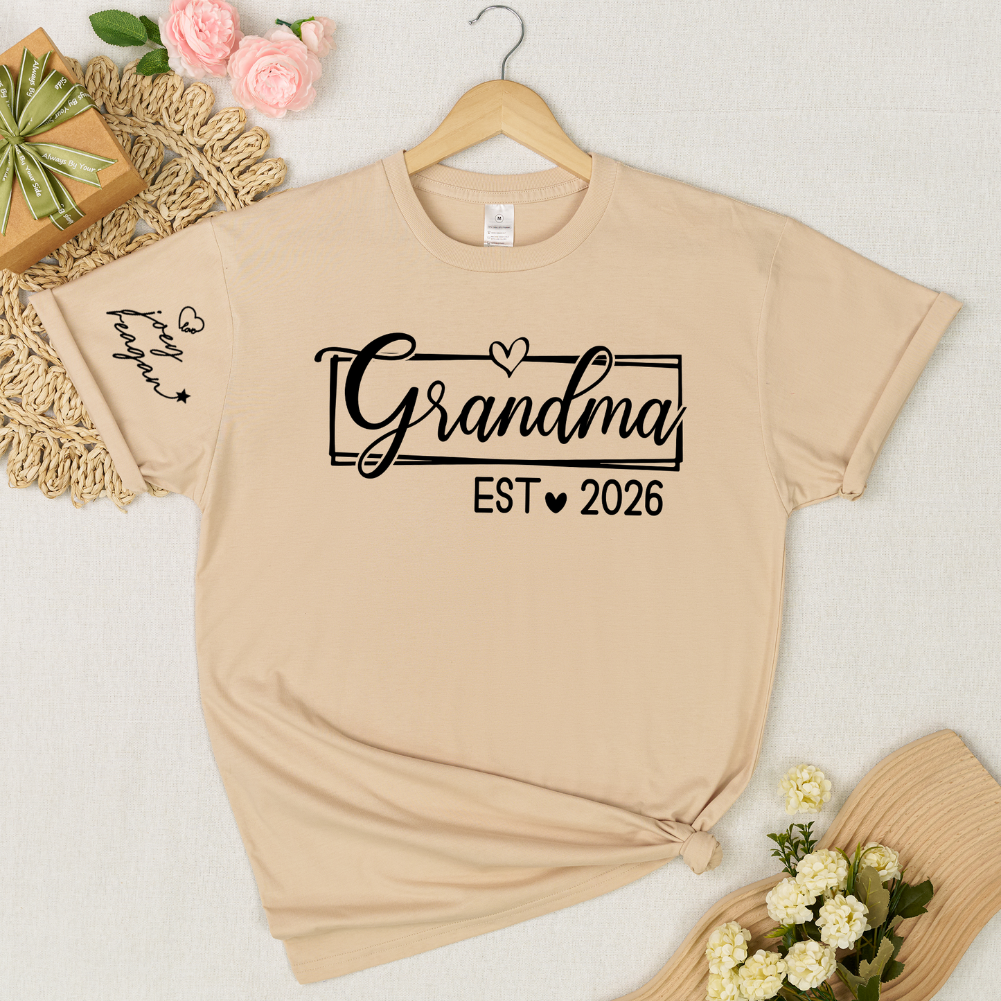 Grandma Est 2026 Shirt Graphic Tee Personalized Grandma Established Year Custom Sleeve Names Family Gift for New Grandma Mother’s Day Birthday