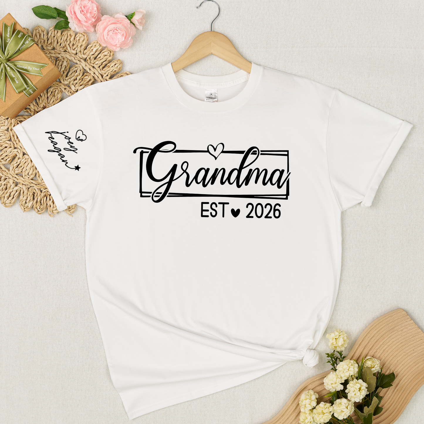 Grandma Est 2026 Shirt Graphic Tee Personalized Grandma Established Year Custom Sleeve Names Family Gift for New Grandma Mother’s Day Birthday