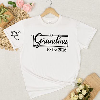 Grandma Est 2026 Shirt Graphic Tee Personalized Grandma Established Year Custom Sleeve Names Family Gift for New Grandma Mother’s Day Birthday