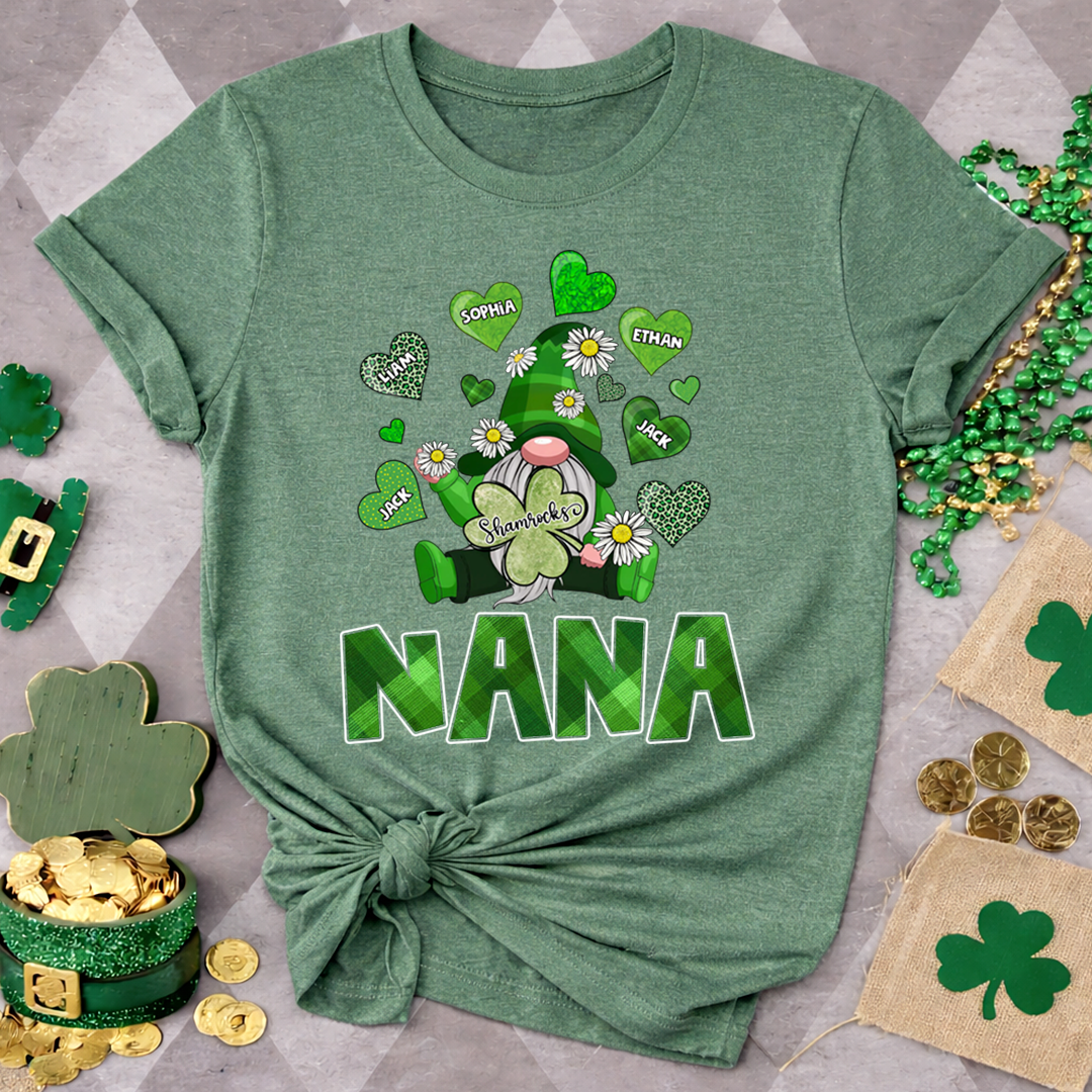 Nana Shamrock Shirt for St Patrick’s Day, Personalized Family Gnome T Shirt, for Grandma and Kids