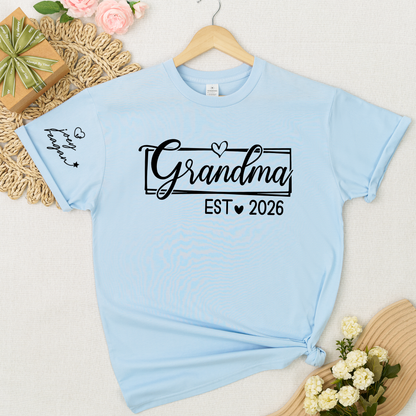 Grandma Est 2026 Shirt Graphic Tee Personalized Grandma Established Year Custom Sleeve Names Family Gift for New Grandma Mother’s Day Birthday