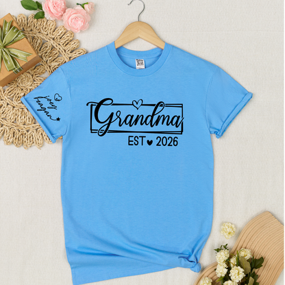 Grandma Est 2026 Shirt Graphic Tee Personalized Grandma Established Year Custom Sleeve Names Family Gift for New Grandma Mother’s Day Birthday