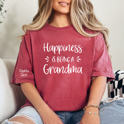 Happiness Is Being a Grandma Shirt Graphic Tee Personalized Sleeve Names Custom Grandma T Shirt Cute Family Gift for Grandma Birthday or Mother’s Day