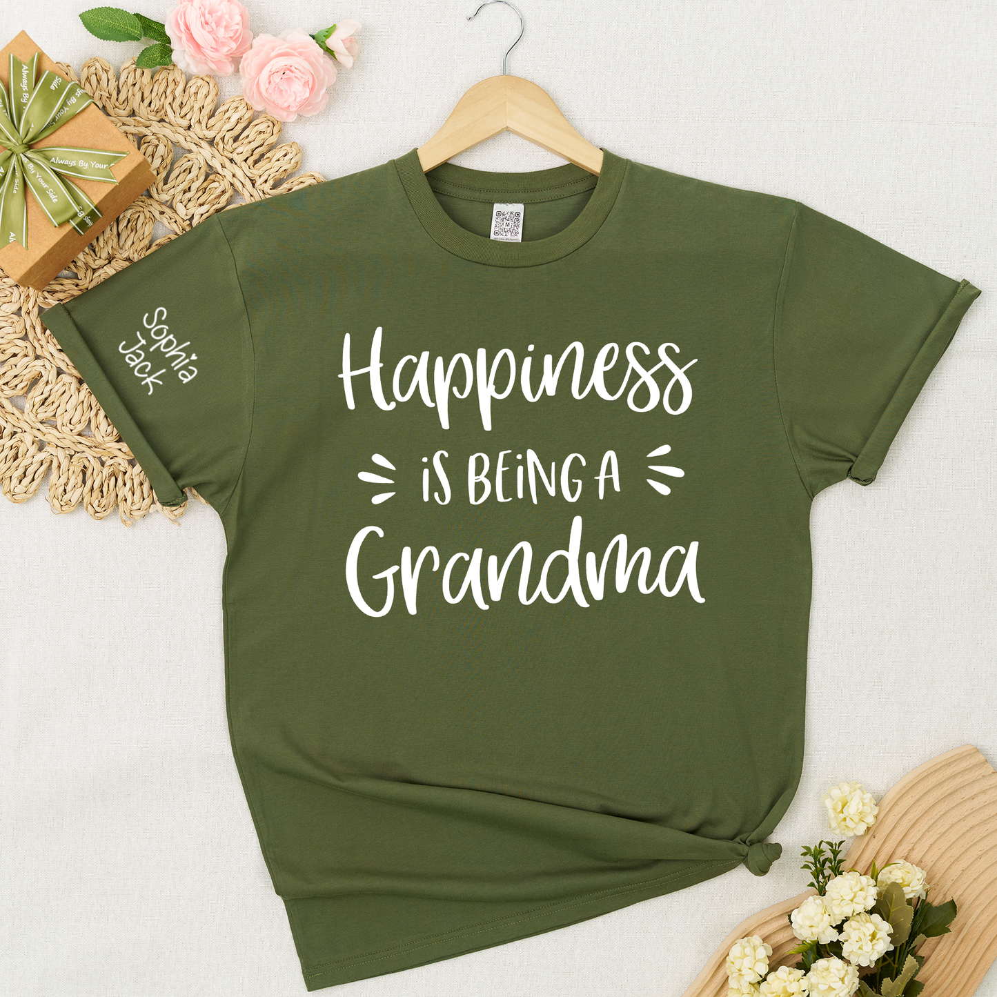 Happiness Is Being a Grandma Shirt Graphic Tee Personalized Sleeve Names Custom Grandma T Shirt Cute Family Gift for Grandma Birthday or Mother’s Day