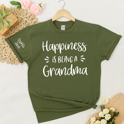 Happiness Is Being a Grandma Shirt Graphic Tee Personalized Sleeve Names Custom Grandma T Shirt Cute Family Gift for Grandma Birthday or Mother’s Day
