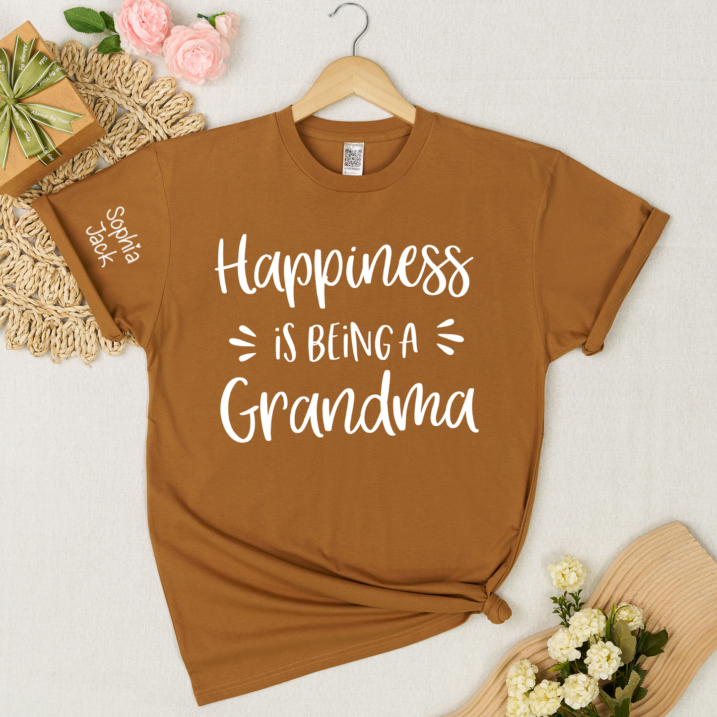 Happiness Is Being a Grandma Shirt Graphic Tee Personalized Sleeve Names Custom Grandma T Shirt Cute Family Gift for Grandma Birthday or Mother’s Day