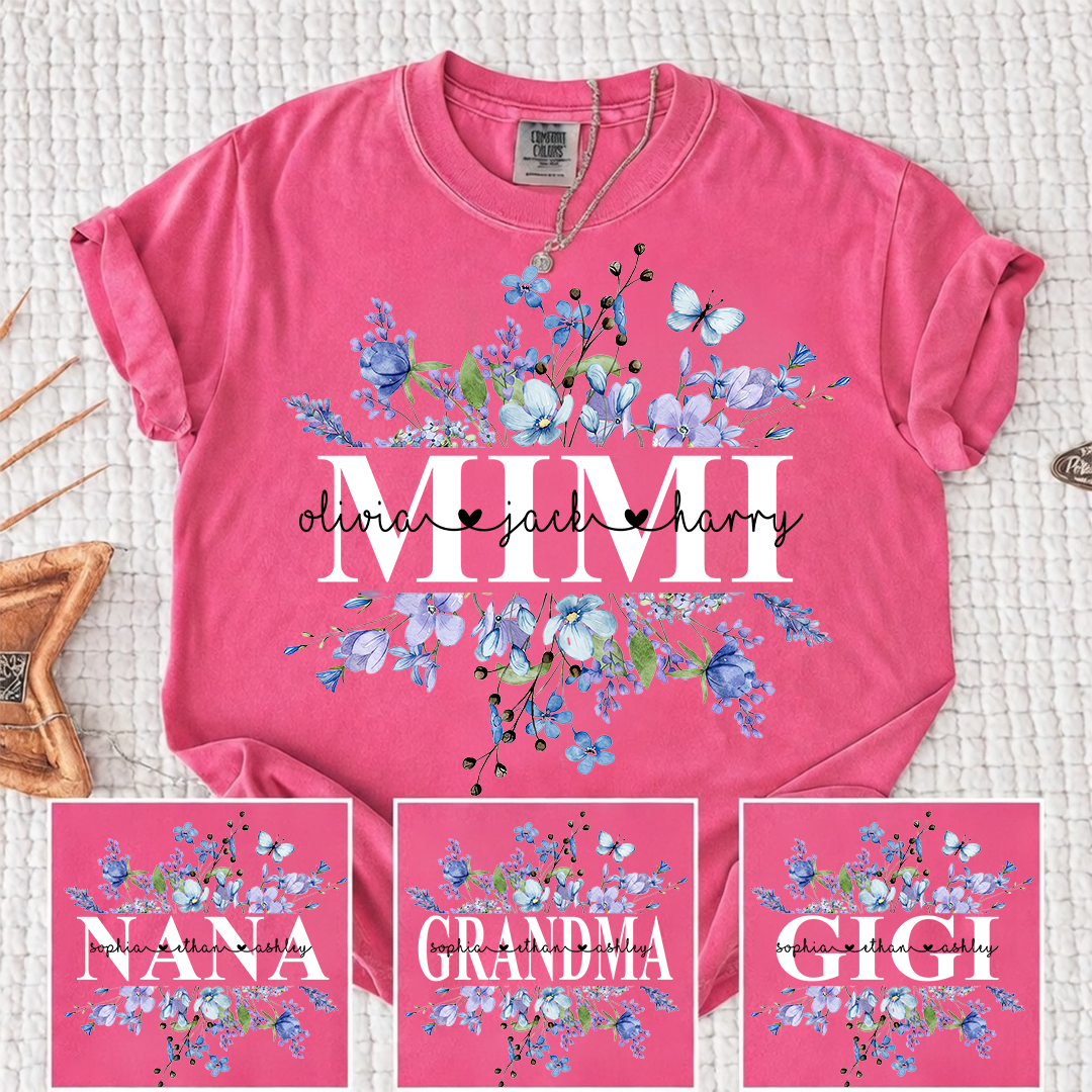 Comfort Colors Personalized Mimi Shirt Blue Wildflower Design Custom Grandma Nana Gigi Name Tee with Grandkids Names Elegant Family Outfit for Women