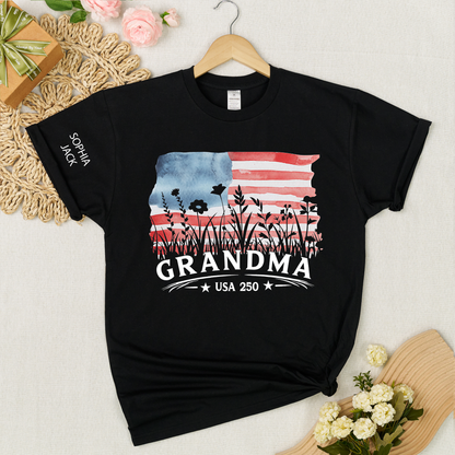 Personalized Grandma Shirt Patriotic USA Flag Wildflower Design Custom Nana Mimi Gigi Name Tee U.S. 250th Anniversary 4th of July Family Outfit