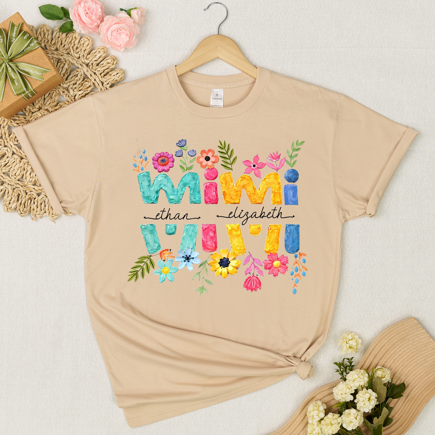 Personalized Mimi Shirt Custom Grandkids Names Floral Letter Graphic Tee Women Family Love Colorful Spring Casual Outfit Top